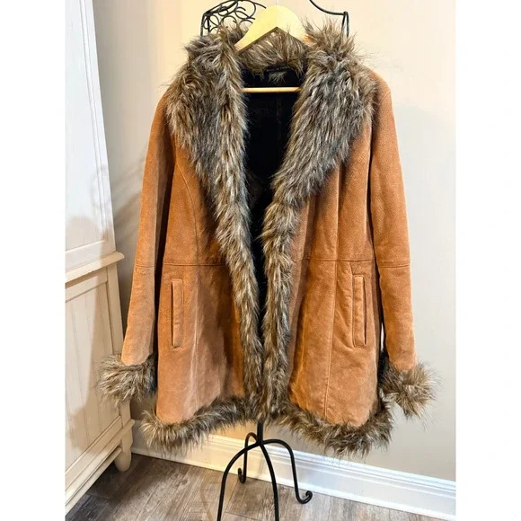 VTG Wilsons Leather Pelle Studio Suede Faux Fur Trim Boho Penny Lane Coat XL - Picture 2 of 10
